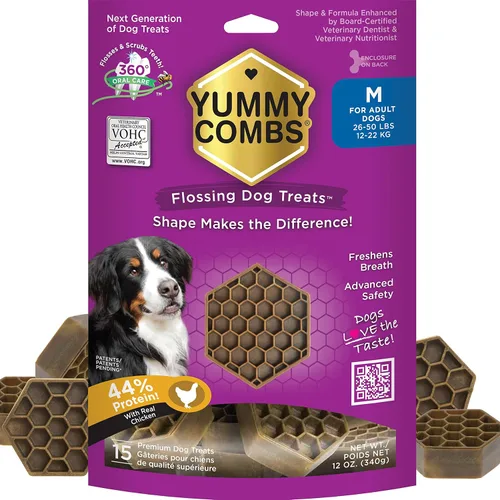 Miniatura 12 de Yummy Combs Golosinas dentales para perros, aprobadas por veterinarios VOHC, deliciosa proteína de pollo, elimina el sarro con forma de peine