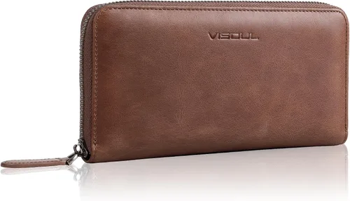 VISOUL Cartera larga de cuero con cremallera para hombres y mujeres con bloqueo RFID, cartera larga de embrague grande con cremallera, Marrón,