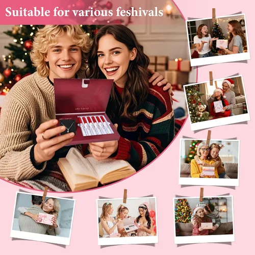 Miniatura 6 de Regalo de Navidad para mujer, juego de 7 cajas de regalo que incluye lápiz labial mate de terciopelo rojo y collar, fácil de combinar con diferentes