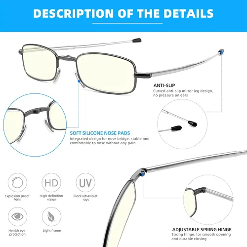 Miniatura 3 de touk Foldable Reading Glasses Anti Blue Light, Soft Nose Pad Spring Hinge Compact Readers Portable Case for Men Women 2 Pack