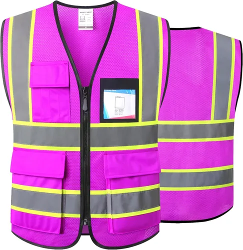 Miniatura 14 de Chaleco de seguridad de malla reflectante para hombres y mujeres con 5 bolsillos y cremallera frontal, chaleco de malla de alta visibilidad Hi Vis