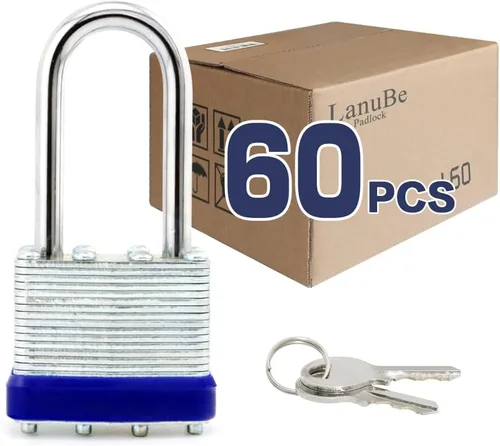 Miniatura 17 de LanuBe Candado laminado de 1-9/16 pulgadas (1.575 in) de largo grillete paquete de 2 llaves iguales, aro de plástico azul, cerraduras a granel