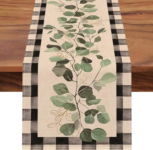 Seliem Camino de mesa de hojas de eucalipto primaveral, color negro y blanco, búfalo a cuadros para cocina, decoración de mesa de comedor, plantas