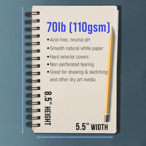 Miniatura 3 de U.S. Art Supply Cuaderno de bocetos prémium de 5.5 x 8.5 pulgadas, paquete de 2, 80 hojas cada una, 70 libras (3.88 oz/m²), campo de artista