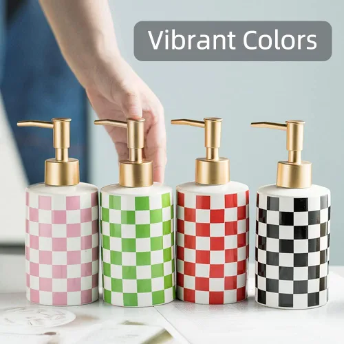 Miniatura 5 de Dispensador de jabón de cerámica a cuadros con bomba mate dorada a prueba de óxido, dispensador de jabón decorativo para baño o cocina