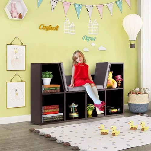 Miniatura 2 de Costzon Estantería infantil con rincón de lectura, estantería de 6 cubos con cojín de asiento suave, organizador de almacenamiento de juguetes