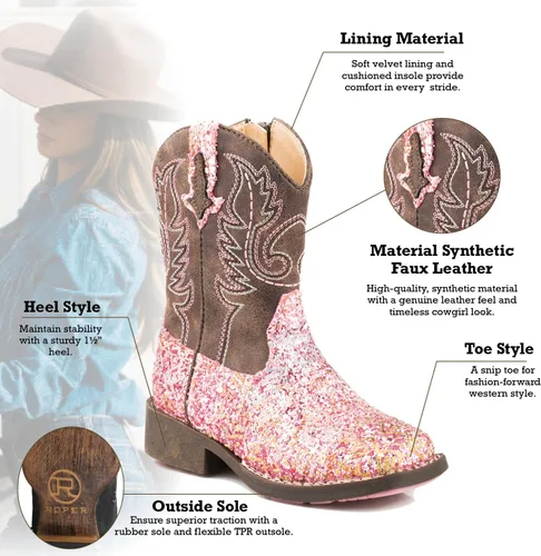 Miniatura 7 de ROPER Botas casuales de punta cuadrada con purpurina azteca para niñas pequeñas, a media pantorrilla, color marrón, rosa