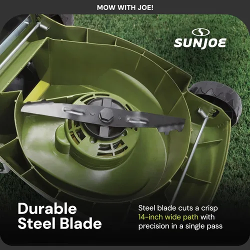 Miniatura 8 de Sun Joe Cortacésped inalámbrico con empuje eléctrico con bolsa de 10.6 galones, ancho de corte de 14 pulgadas, verde - Cortadora de césped