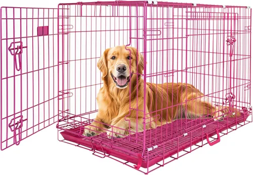 Miniatura 10 de HOMEY PET Jaula de Cobre Dorado para Perros de 91 cm, Jaula Portátil Plegable de Alambre de Metal para Perros, con Parrilla de Piso Extraíble