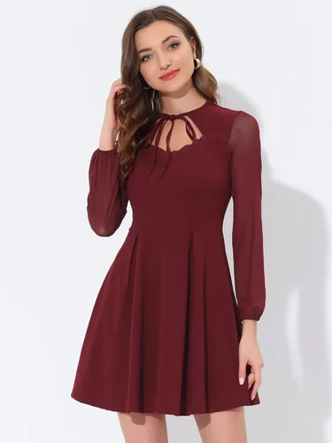 Miniatura 5 de Allegra K Vestido acampanado para mujer, con cuello de lazo, manga de malla gótica, minivestido
