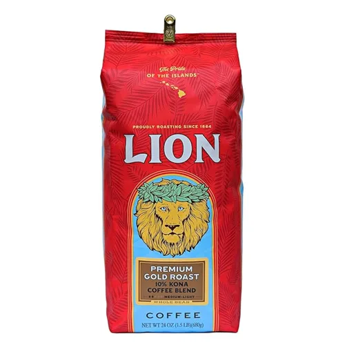 Lion Coffee, Premium Gold Roast, mezcla de café 10% Kona, grano entero, bolsa de 24 onzas