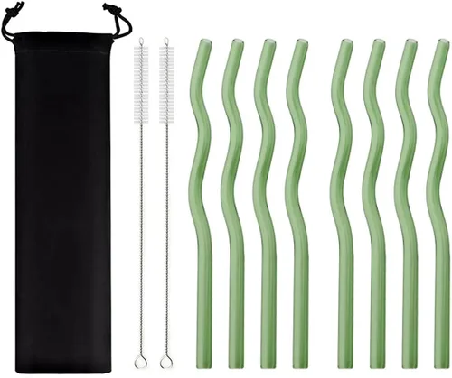Miniatura 20 de JASHII Pajitas de vidrio onduladas incoloras, 8 pajitas de vidrio reutilizables de 7.87 x 0.31 pulgadas con bolsa negra, multicolor para beber