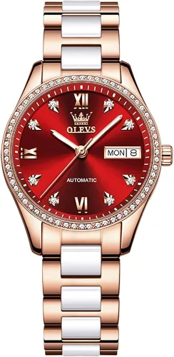 Miniatura 9 de OLEVS Relojes de oro rosa para mujer correa de acero inoxidable de cerámica reloj mecánico automático calendario de puntero luminoso impermeable