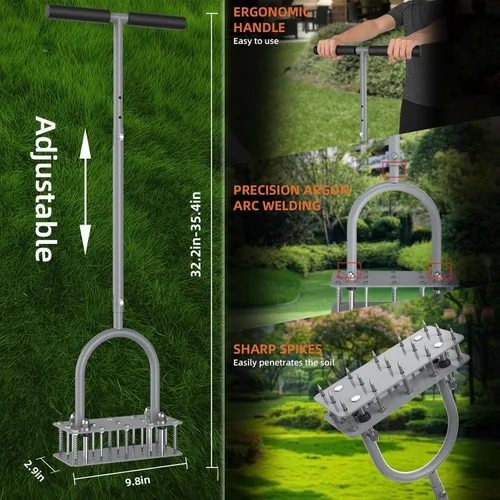 Miniatura 2 de GAINO Aireador manual para césped con 15 puntas, aireador ajustable de 32 a 35 pulgadas con mango en T para césped, diseño de expulsión automática