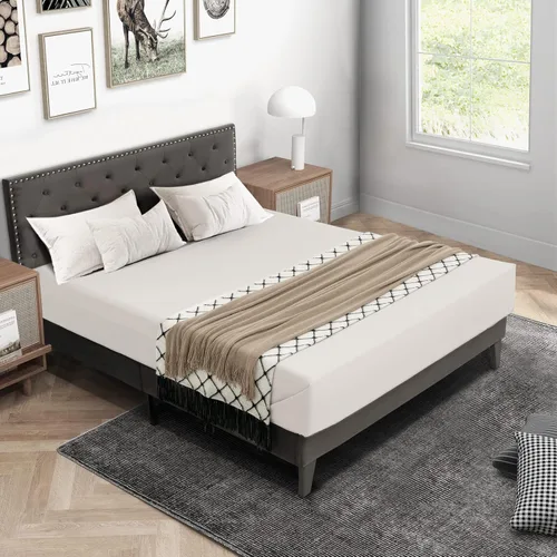 Miniatura 10 de KOMFOTT Base de cama tapizada tamaño matrimonial, base de cama de plataforma con cabecera copetuda y estribo acolchado suave, base de colchón