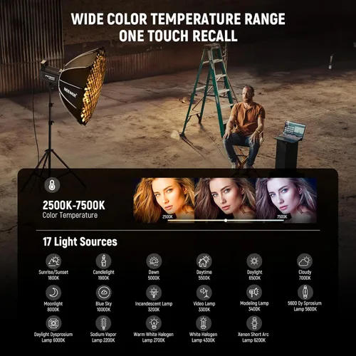Miniatura 4 de NEEWER Luz de video LED RGB de 130 W APP/2.4G Control 17 efectos, 2500-7500K 19800lux/3.3 ft COB Salida de iluminación continua con CRI97/TLCI98 4