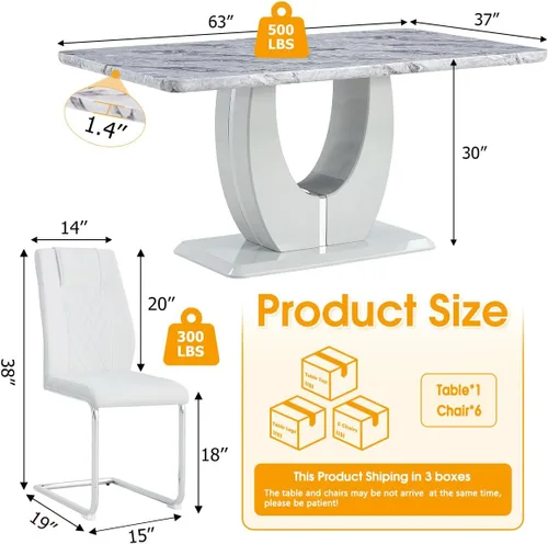 Miniatura 5 de Moderno juego de mesa de cocina y comedor, juego de 6 mesas y sillas con parte superior de mármol sintético, juego de mesa de cocina rectangular