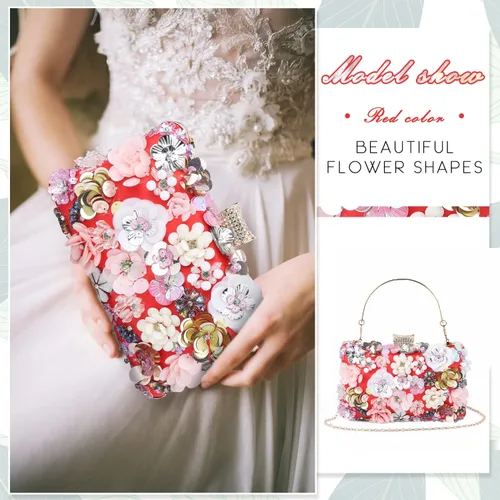 Miniatura 7 de KUANG! Bolsos de noche con flores florales para mujer, bolsos de mano coloridos con diamantes de imitación, bolso de hombro con cadena de boda