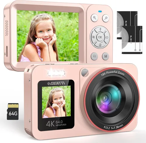 Cámara digital FHD 4K con pantalla dual de 64 GB, tarjeta SD de 64 GB, 2 baterías, zoom 18X, cámara recargable portátil antivibración para niños y