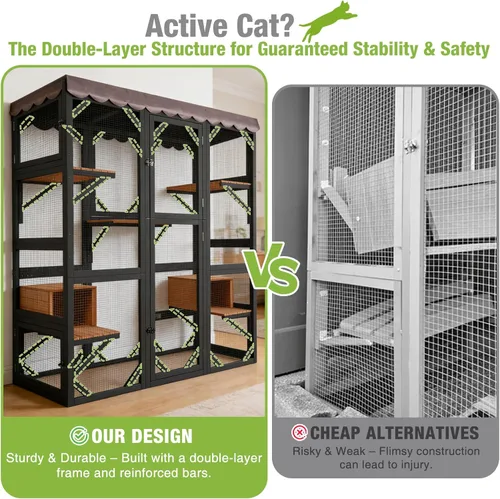 Miniatura 4 de GUTINNEEN Catio - Recinto grande de madera para gatos de 70 pulgadas, jaula para gatos con 7 plataformas, 2 cajas de descanso, cubierta impermeable