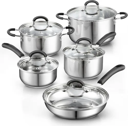 Cook N Home Juego de utensilios de cocina de acero inoxidable de 10 piezas, ollas y sartenes, juego de cocina con asas que se mantienen frías, apto