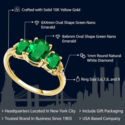 Miniatura 2 de Gem Stone King Anillo de compromiso de oro amarillo de 10 quilates con esmeralda y diamante de imitación de 3 piedras 1.59 Cttw Anillo de promesa