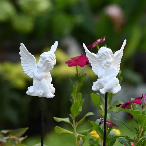 OwMell Juego de 2 estacas decorativas para jardín, adornos pequeños de ángel y querubín, estatua conmemorativa y decoración de macetas
