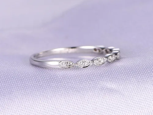 Miniatura 3 de Diamantes naturales, anillo de boda de media eternidad, oro blanco sólido de 14 quilates, anillo de aniversario, estilo marquesa Art Deco