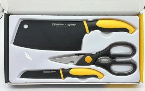 Miniatura 8 de GARASANI Juego de 3 cuchillos de chef, acero inoxidable, revestimiento de cerámica negra, 1 cuchillo de cocina chino, 1 cuchillo de fruta, 1 tijeras
