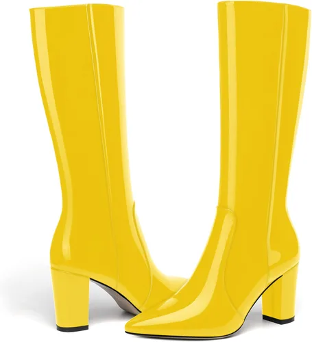 Miniatura 48 de AMBELIGHT Botas altas hasta la rodilla con cremallera y puntera puntiaguda para mujer, de patente sólida, tacón alto, 3.3 pulgadas