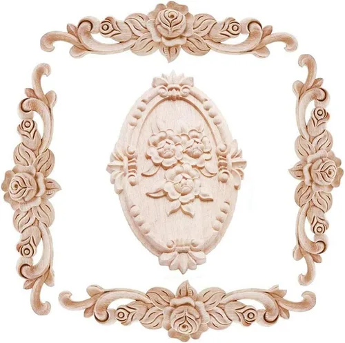 Miniatura 9 de 4 piezas de madera tallada apliques onlay sin pintar esquina Onlay Applique puerta gabinete rosa sin pintar estilo europeo (20x5cm/7.87x1.97inch)