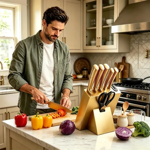 Miniatura 5 de Juego de cuchillos de cocina dorados de lujo con bloque de madera, 8 cuchillos de chef con revestimiento de titanio, aptos para lavavajillas