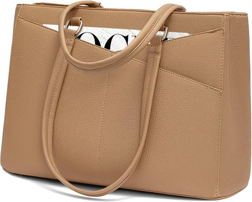 Miniatura 56 de LOVEVOOK Bolsa de mano para computadora portátil para mujer, bolsas de trabajo de cuero de 15.6 pulgadas con soporte grande para tazas para Negro