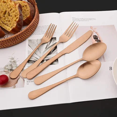 Miniatura 2 de JASHII Juego de cubiertos de acabado satinado, 20 piezas, servicio para 4, juego de cubiertos de titanio, juego de utensilios de cobre mate, incluye