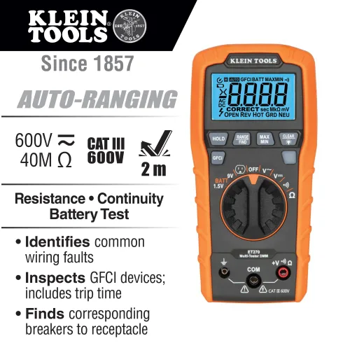 Miniatura 2 de Klein Tools ET270 Multímetro digital de rango automático, CA/CC, resistencia, continuidad, probador de receptáculo GFCI con cables de prueba y cable