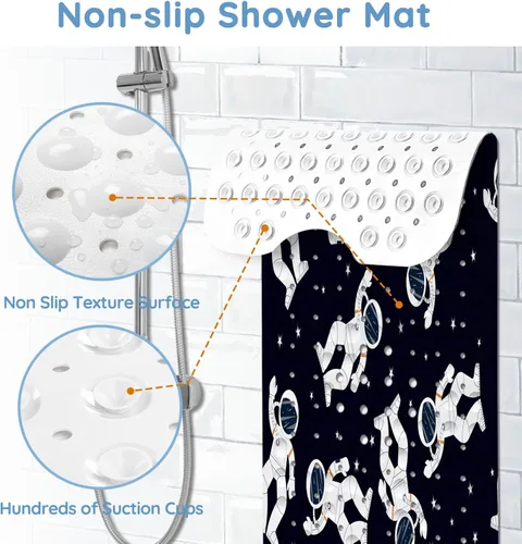 Miniatura 3 de Tapetes de bañera para niños, tapete de baño de astronauta negro antideslizante para bañera de 40 x 16 pulgadas, grande, lavable, antideslizante
