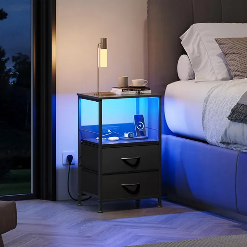 Miniatura 2 de WLIVE - Mesita de noche LED con estación de carga, mesita de noche negra con 2 cajones de tela y estante de almacenamiento, mesa auxiliar