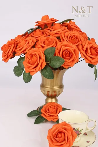 Miniatura 4 de N&T NIETING Flores artificiales de otoño, flores artificiales de rosas naranjas perfectas para bricolaje, ramos de boda, centros de mesa, fiesta