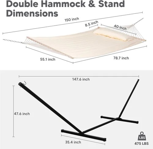 Miniatura 4 de SUNCREAT Hammocks Hamaca doble extragrande con soporte de 12 pies, capacidad de 475 libras, hamaca portátil al aire libre con barra separadora