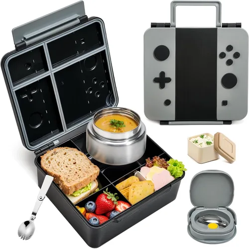Miniatura 9 de Caja Bento Game para niños, lonchera con termo (tarro de comida de 9 onzas), cuchara plegable, divisor extraíble y taza de salsa, lonchera infantil