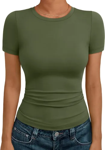 Miniatura 10 de AUTOMET - Camisetas básicas de manga corta para mujer, para verano, entrenamiento o gimnasio, con cuello redondo, ropa moderna estilo Y2K