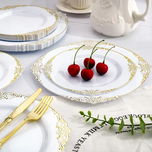 Miniatura 5 de Realluck 350 piezas platos de plástico blanco y dorado, juego de vajilla de plástico para 50 invitados, 100 platos desechables, 150 cubiertos, 50