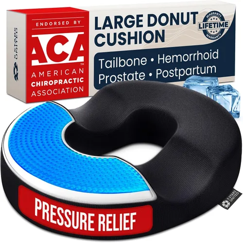 5 STARS UNITED Almohada de dona para dolor de coxis y hemorroides – Cojín grande de espuma viscoelástica con capa de gel de enfriamiento para zonas