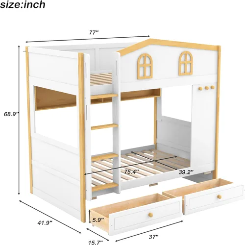 Miniatura 2 de Bellemave Bunk beds Twin Over Twin with Twin Size Drawers, Low bunk Bed for Kids Adults and Teenagers，White