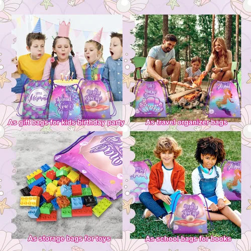 Miniatura 4 de Paquete de 12 bolsas con cordón para fiesta de sirena, para cumpleaños de niños, niñas, con cordón, mochila como bolsa de botín y regalos