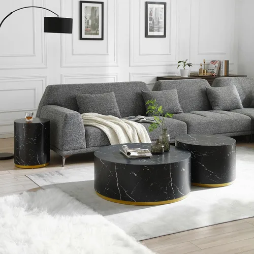 Miniatura 8 de Mesa auxiliar negra para sala de estar, grano de mármol sintético, negro y dorado (diámetro de 15.7 x 19.6 pulgadas)