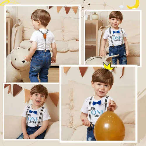 Miniatura 16 de Conjunto de ropa de cumpleaños para bebé niño pequeño, con tirantes, pantalones de mezclilla rasgados