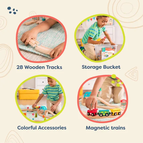 Miniatura 5 de B. toys – Juego de Tren de Madera y Ruedas – 47 Piezas – Vías y Accesorios – Cubo de Almacenamiento con Tapa de Montaña – Juguetes Clásicos