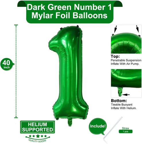 Miniatura 2 de Globo de 40 pulgadas color verde oscuro número 1 de gran tamaño gigante, dígitos gigantes, globos de papel de aluminio de Mylar para helio verde