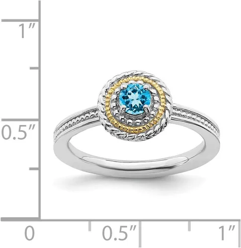 Miniatura 5 de Anillo de plata de ley 925 maciza y oro amarillo de 14 quilates apilable de plata de ley 925 con topacio azul